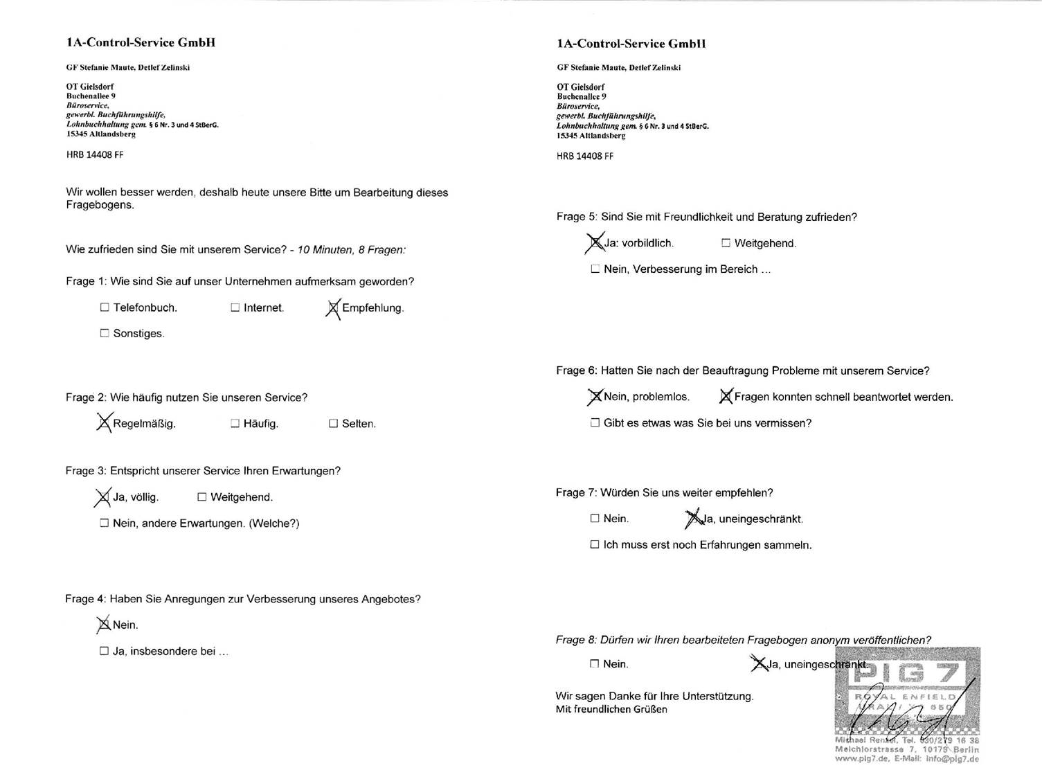 Bewertung der 1AControl-Service Gmbh durch FA Renzel/PIG7